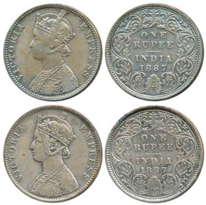 Victoria Empress, Silver Rupee (2), 1887, Calcutta Mint, C3 / I / 'C' incused and Bombay M