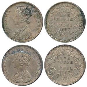 Victoria Empress, Silver Rupee (2), 1887, Bombay Mint, C2 / I / 'B' raised and C2 / I / 'B