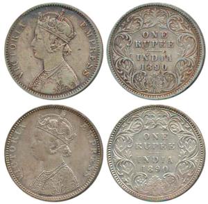 Victoria Empress, Silver Rupee (2), 1890, Calcutta Mint, C3 / I / 'C' incused and C2 / I /