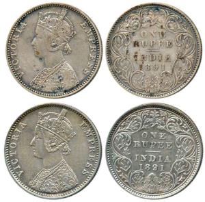Victoria Empress, Silver Rupee (2), 1891, Calcutta Mint, C3 / I / 'C' incused and Bombay M
