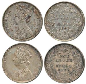 Victoria Empress, Silver Rupee (2), 1893, Calcutta Mint, C3 / I / 'C' incused and Bombay M