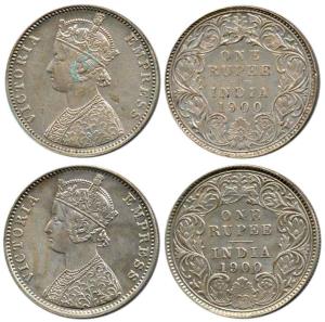 Victoria Empress, Silver Rupee (2), 1900, Calcutta Mint, C3 / I / 'C' incused and Bombay M