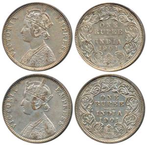 Victoria Empress, Silver Rupee (2), 1901, Calcutta Mint, C3 / I / 'C' incused and Bombay M