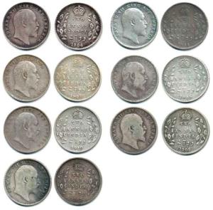 Edward VII, Silver 2 Annas (7), 1903, 1904, 1905, 1906, 1907, 1908 and 1910, Calcutta Mint