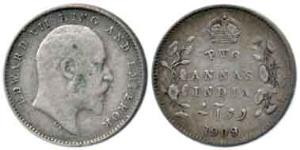 Edward VII, Silver 2 Annas, 1909, Calcutta Mint. Very Fine, Very Rare.