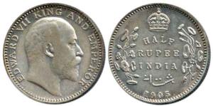 Edward VII, Silver ½ Rupee, 1905, Calcutta Mint, No Mint Mark. Extremely Fine, Very Rare.