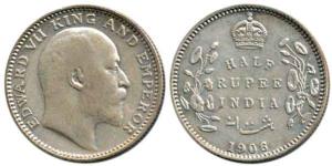 Edward VII, Silver ½ Rupee, 1906, Calcutta Mint, No Mint Mark. Very Fine, Scarce.