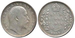 Edward VII, Silver ½ Rupee, 1907, Bombay Mint, 'B' incused + dot. Very Fine, Rare.