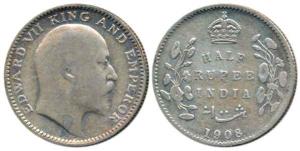 Edward VII, Silver ½ Rupee, 1908, Calcutta Mint, No Mint Mark. About Very Fine, Rare.