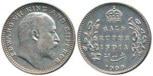 Edward VII, Silver ½ Rupee, 1909, Calcutta Mint, No Mint Mark. Extremely Fine, Rare.