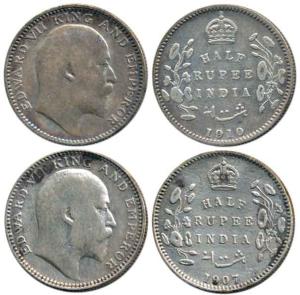 Edward VII, Silver ½ Rupee (2), 1907 and 1910, Calcutta Mint, No Mint Mark. About Very Fin