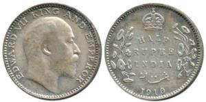 Edward VII, Silver ½ Rupee, 1910, Bombay Mint, 'B' incused + dot. Very Fine, Rare.
