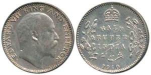 Edward VII, Silver ½ Rupee, 1910, Bombay Mint, 'B' incused + dot. Very Fine, Rare.
