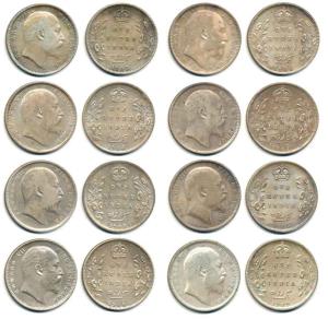 Edward VII, Silver Rupee (8), 1903 to 1910, Calcutta Mint except 1904, Bombay Mint. About 