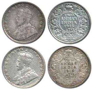 George V, Silver 2 Annas (2), 1915, Bombay Mint, with dot and Calcutta Mint, with dot. Abo
