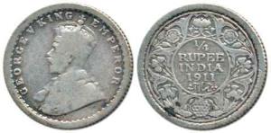 George V, Silver ¼ Rupee, 1911, Calcutta Mint, without dot. Fine, Very Rare.