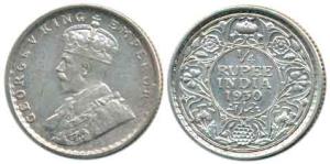 George V, Silver ¼ Rupee, 1930, Calcutta Mint, No Mint Mark. Very Fine+, Scarce.