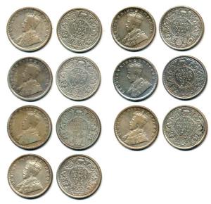 George V, Silver ½ Rupee (7), 1912, 1913, 1914, 1916, 1921, 1922 and 1923, Calcutta Mint. 