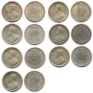 George V, Silver ½ Rupee (7), 1913, 1914, 1916, 1917, 1918, 1919 and 1922, Bombay Mint, wi