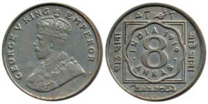George V, Cupro-Nickel 8 Annas, 1919, Calcutta Mint, without dot. About Very Fine, Scarce.
