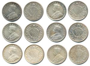 George V, Silver ½ Rupee (6), 1923, 1924, 1925, 1926, 1928 and 1936, Bombay Mint, with dot