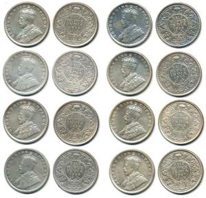 George V, Silver ½ Rupee (8), 1924, 1925, 1926, 1927, 1929, 1933, 1934 and 1936, Calcutta 