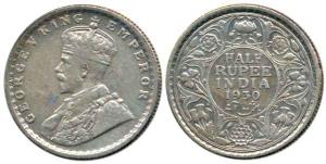 George V, Silver ½ Rupee, 1930, Calcutta Mint, No Mint Mark. Very Fine, Rare.