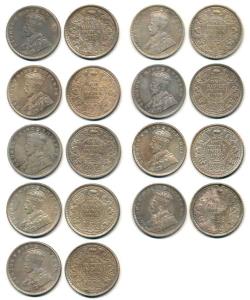 George V, Silver Rupee (9), 1912 to 1920, Calcutta Mint. About Very Fine to Extremely Fine