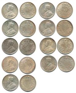 George V, Silver Rupee (9), 1912 to 1920, Bombay Mint. Very Fine to Extremely Fine. (9)