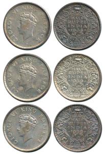George VI, Silver ½ Rupee (3), 1938, Bombay Mint, with dot, 1939, Bombay Mint, with dot an