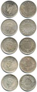 George VI, Half Silver Rupee (5), 1940, 1941, 1942, 1944 and 1945, Bombay Mint. Very Fine.