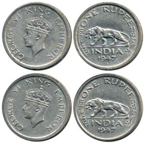 George VI, Nickel Rupee (2), 1947, Bombay Mint, with diamond dot and Lahore Mint, No Mint 
