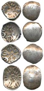 Punch-marked, Gandhara Janapada (c. 400 BC), Silver Shana (4), single six armed symbol on 