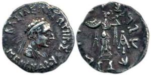Indo-Greeks, Menander I (c. 160-145 BC), Silver Drachm, Bilingual series, obv. diademed an