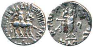 Indo-Scythian, Azes (c. 57-35 BC), Silver Drachm, king holding spear mounted on a horse to
