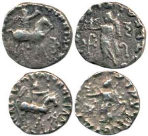 Indo-Scythian, Azes (c. 57-35 BC), Base Silver Drachm (2), king holding spear mounted on a