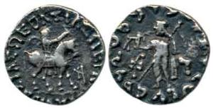 Indo-Scythian, Azes (c. 57-35 BC), Silver Drachm, king holding spear mounted on a horse to