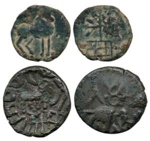 Yaudheyas (c. 200 BC), Bronze (2), obv. elephant to right and Nandipada above; rev. bull t