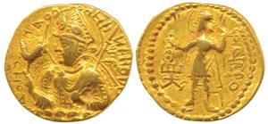 Kushanas, Huvishka (c. AD 152-192), Gold Dinar, obv. king nimbate, diademed and crowned ha