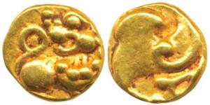 Kadambas of Hangal, Gold Fanam, 0.52g, a lion with upraised leg on obv., scroll on rev. (M