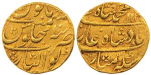 Muhammad Shah, Gold Mohur, 10.76g, Gwalior Mint, AH 11XX/10, complete mint name at bottom.