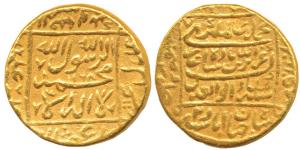 Alamgir II, Gold Mohur, 10.80g, Shahjahanabad Mint, AH 1168/2, detail within a square on b