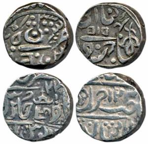 Jankoji Rao, Silver Rupee (2), Isagarh Mint, AH 1243/23, various interesting marks includi