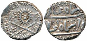 Sivaji Rao Holkar, Silver Rupee, 11.09g, with the name of Shah Alam II, sunburst on obv., 
