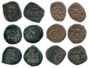 Copper 4 Kas (6), 6 different dates, crowned monogram on obv.; value and date on rev. Fine
