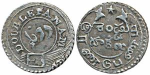 Silver Double Fanam, 2nd issue, 1808, oblique milling, buckled garter on obv.; ribbon and 