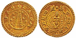 Gold Pagoda, standing Vishnu on obv. and Gopuram on rev., no date, 1808-15 issue, empty bu
