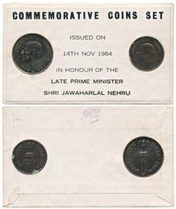 1964 Uncirculated set, Birth Anniversary of Jawaharlal Nehru, set of 2 pcs., 50p and Rupee