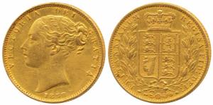 Great Britain, Victoria, Shield Sovereign, 8g, Shield on rev., 1852. Very Fine+, Rare.