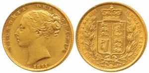 Great Britain, Victoria, Shield Sovereign, 8g, Shield on rev., 1871. Very Fine, Rare.